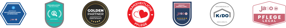 Bewertungs- und Qualitätslogos: vertrauenswürdiges Unternehmen, freundliches Recruiting, Golden Partner, ganzheitliche Pflege, legale Anstellung, KiDO Empfehlung, Pflege Legal